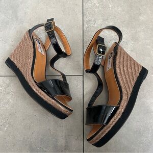 Lanvin Paris black patent leather wedge sandals 37